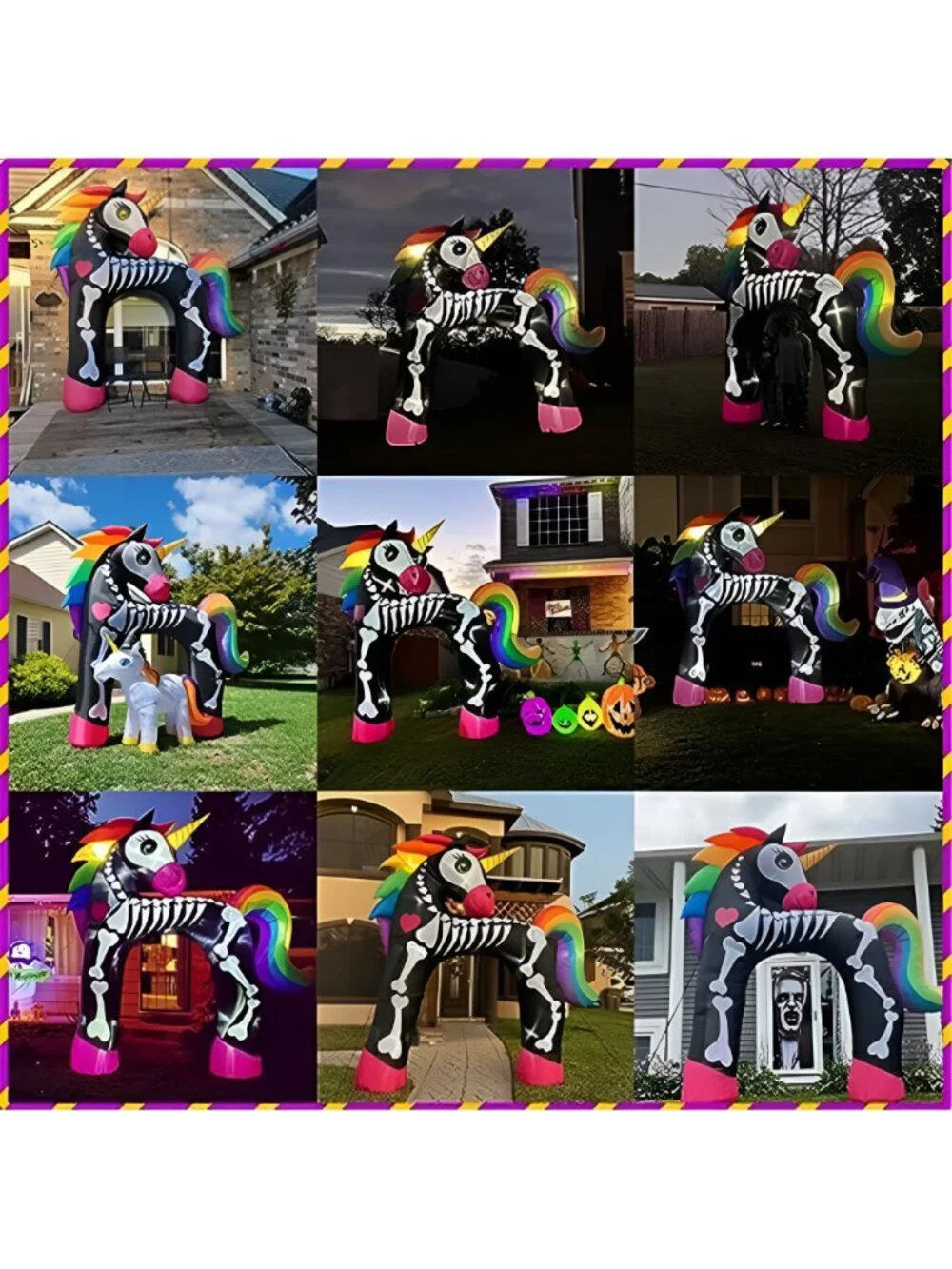 11FT Giant Halloween Inflatables Arch, Rainbow Skeleton Unicorn Decoration